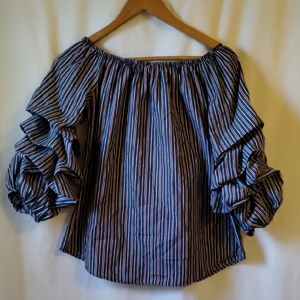 Elegant Blue Striped Ruffle Sleeve Blouse